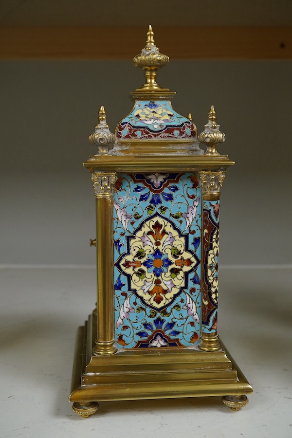 A French Barrie & Son champleve enamel and brass mantel clock with key, 27cm high. Condition - fair/good, untested